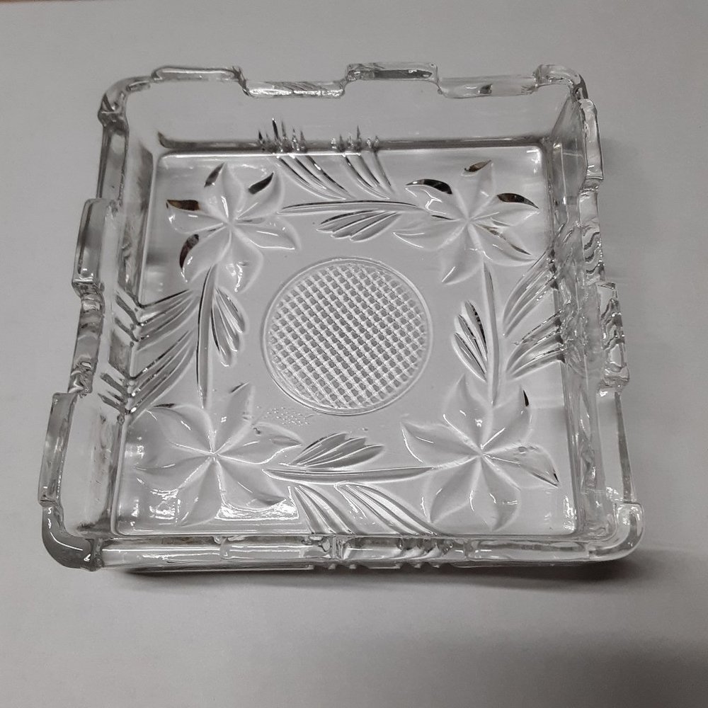 Vintage Floral Cut Glass Etched Square Ashtray Clear Flower Trinket Dish 1970s